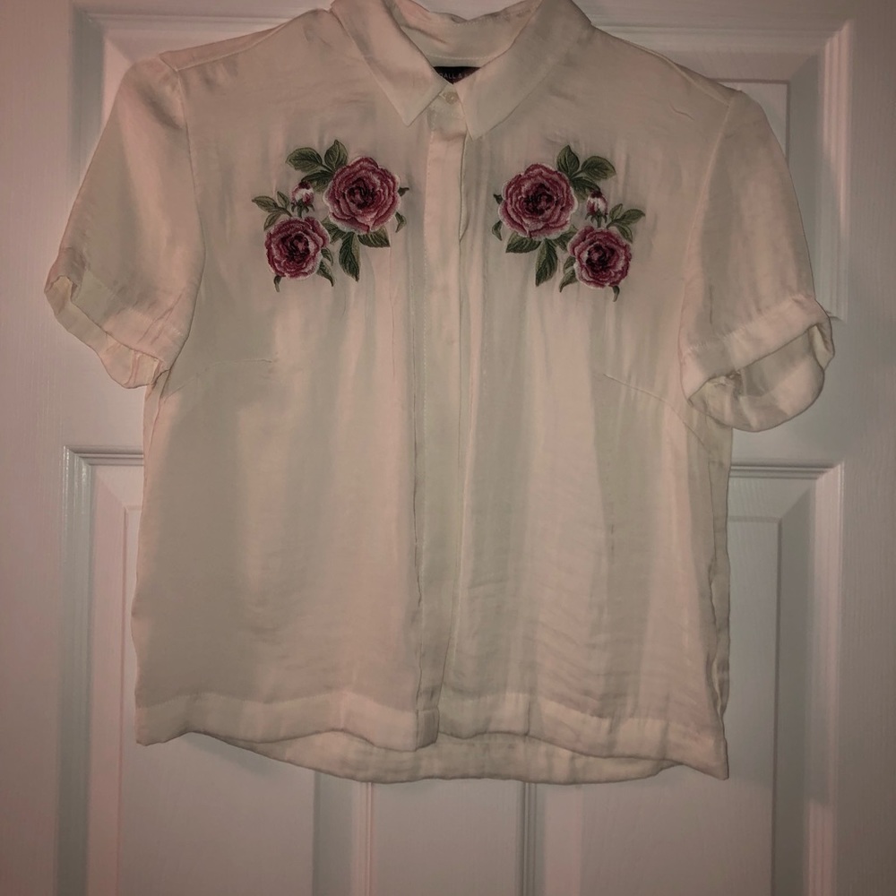 rose embellished collared button up blouse